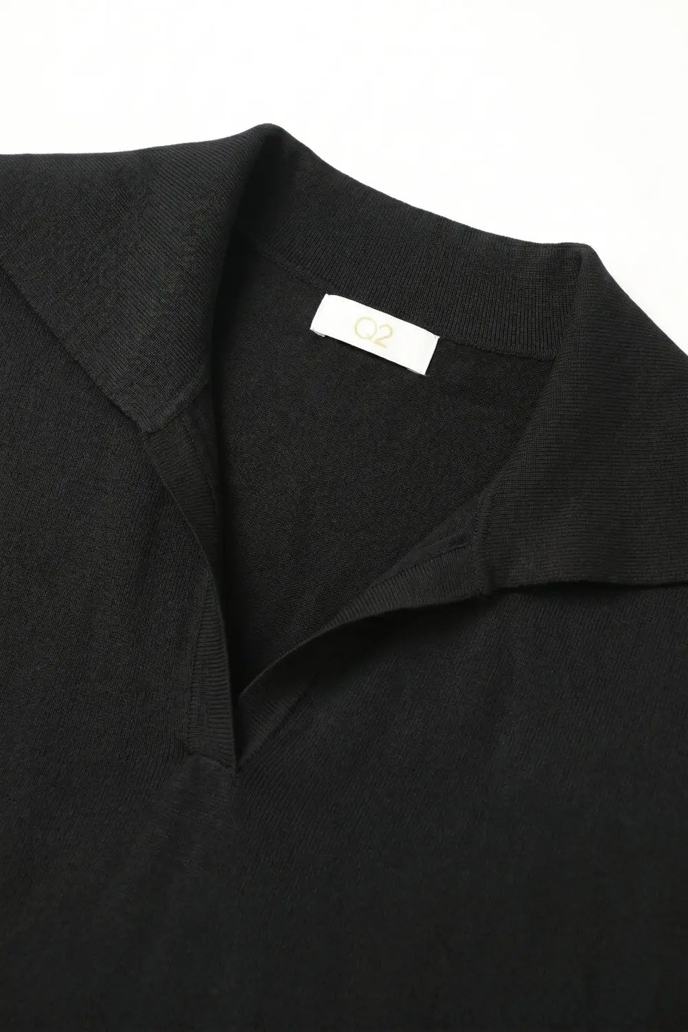 Black Fine Knit Polo Collar Rib Hem Regular Fit Top - BLACK / ONE - Polos
