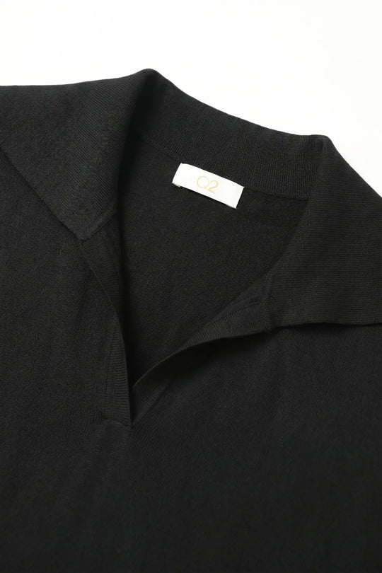 Black Fine Knit Polo Collar Rib Hem Regular Fit Top - BLACK / ONE - Polos