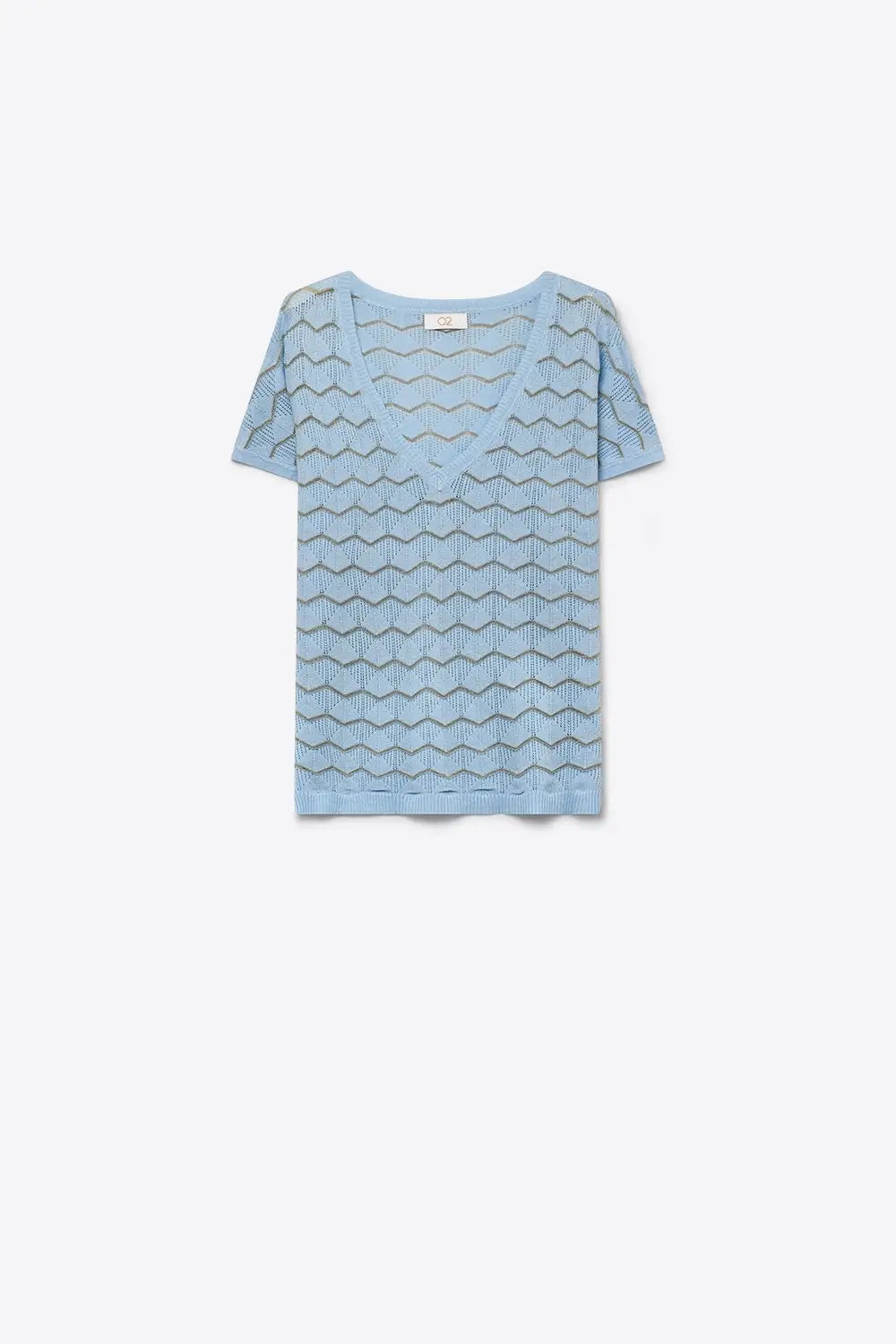 Light Blue Chevron Pattern Fine Knit V-Neck Short Sleeve Top - BLUE / ONE - Sweaters