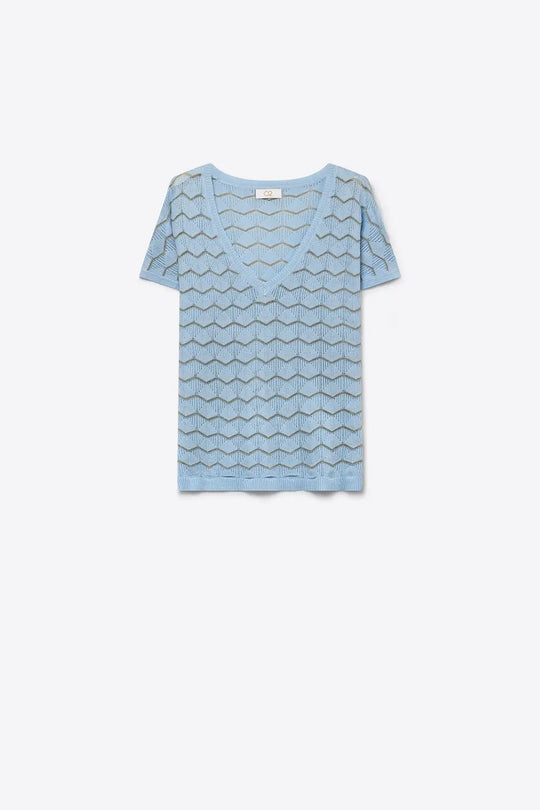 Light Blue Chevron Pattern Fine Knit V-Neck Short Sleeve Top - BLUE / ONE - Sweaters