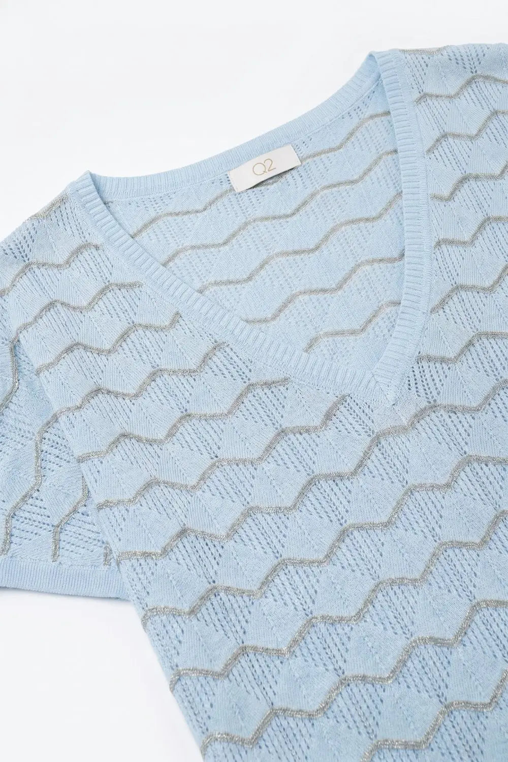 Light Blue Chevron Pattern Fine Knit V-Neck Short Sleeve Top - BLUE / ONE - Sweaters