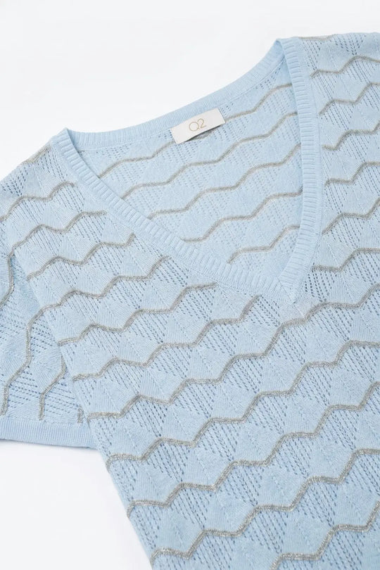 Light Blue Chevron Pattern Fine Knit V-Neck Short Sleeve Top - BLUE / ONE - Sweaters