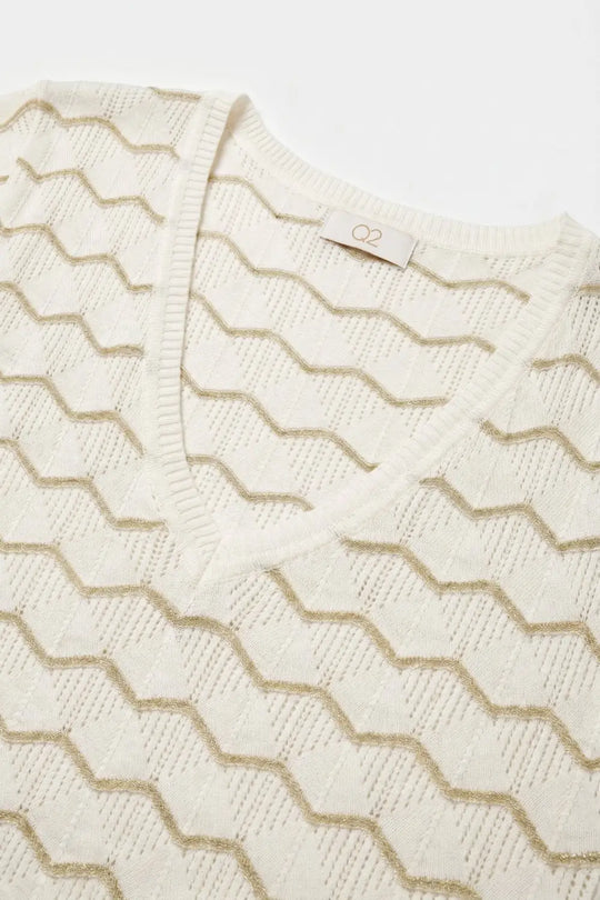 white Geo Knit V-Neck Short Sleeve Regular Fit Top - WHITE / ONE - Sweaters