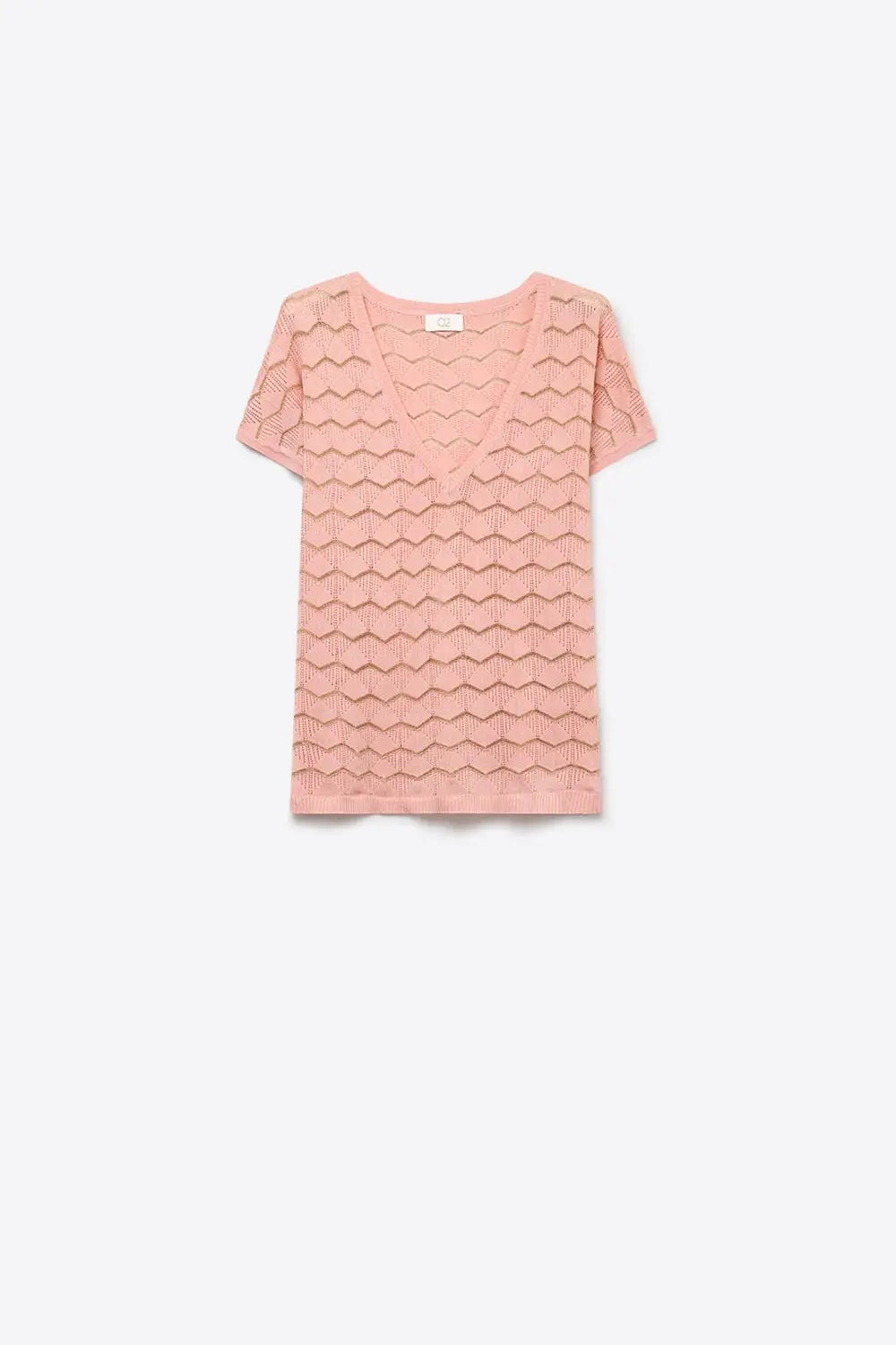 Light Pink Chevron Fine Knit V-Neck Short Sleeve Top - PINK / ONE - Sweaters