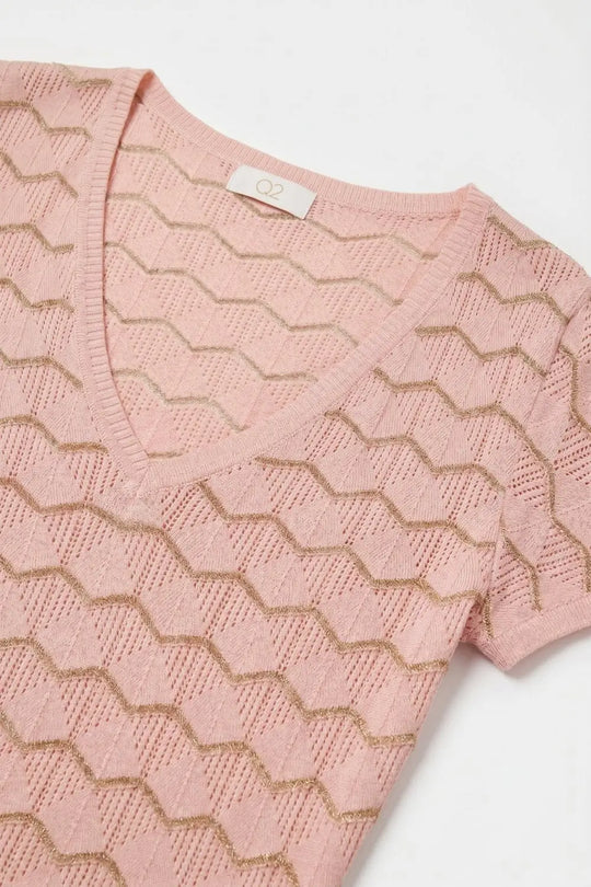 Light Pink Chevron Fine Knit V-Neck Short Sleeve Top - PINK / ONE - Sweaters