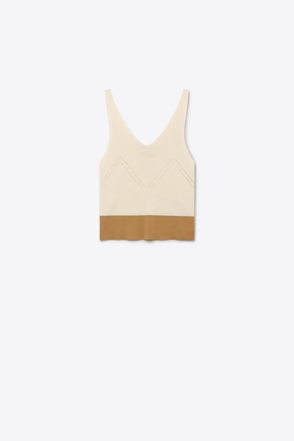 Beige Colorblock Ribbed Knit V-Neck Cropped Tank Top - BEIGE / ONE - Tops