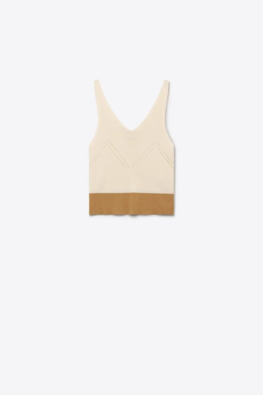 Beige Colorblock Ribbed Knit V-Neck Cropped Tank Top - BEIGE / ONE - Tops