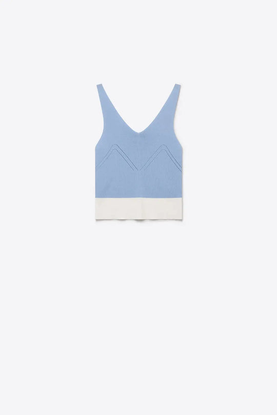 Light Blue Ribbed Knit Contrast Hem V-Neck Cropped Tank Top - BLUE / ONE - Tops