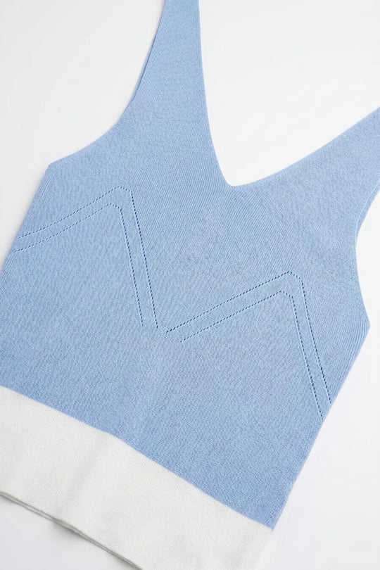 Light Blue Ribbed Knit Contrast Hem V-Neck Cropped Tank Top - BLUE / ONE - Tops