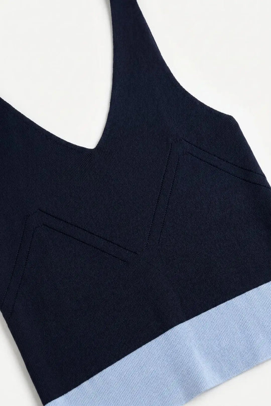 Navy Color-Block Ribbed Knit V-Neck Cropped Tank Top - NAVY / ONE - Tops