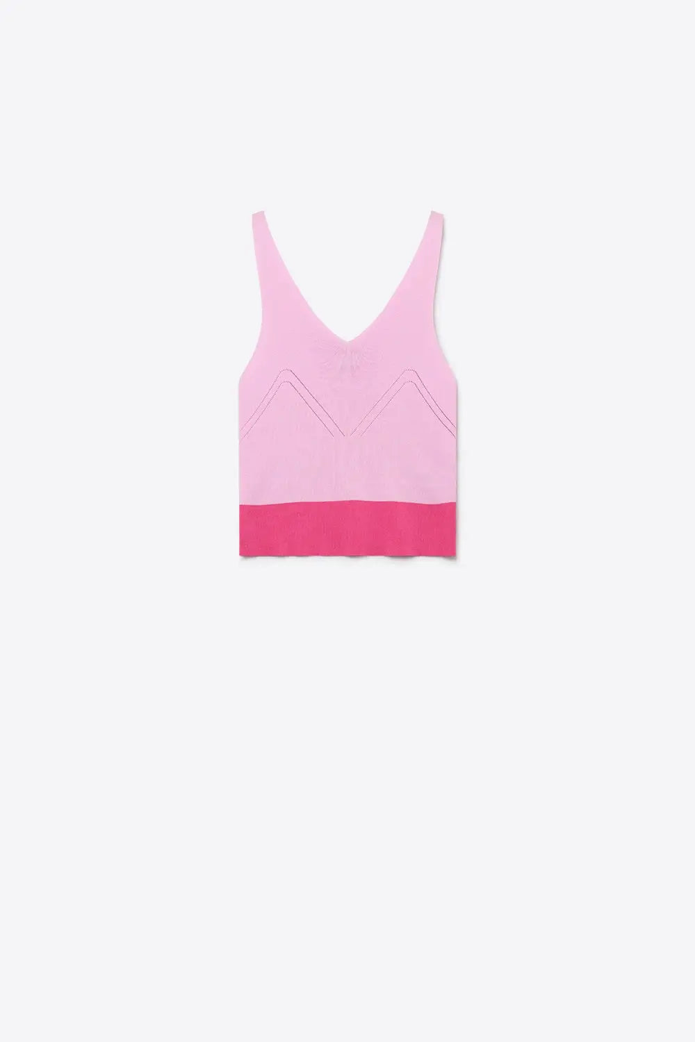 Light Pink Ribbed Knit Contrast Hem V-Neck Cropped Tank Top - PINK / ONE - Tops