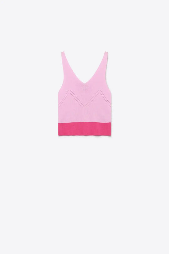 Light Pink Ribbed Knit Contrast Hem V-Neck Cropped Tank Top - PINK / ONE - Tops