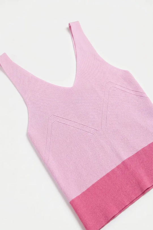 Light Pink Ribbed Knit Contrast Hem V-Neck Cropped Tank Top - PINK / ONE - Tops