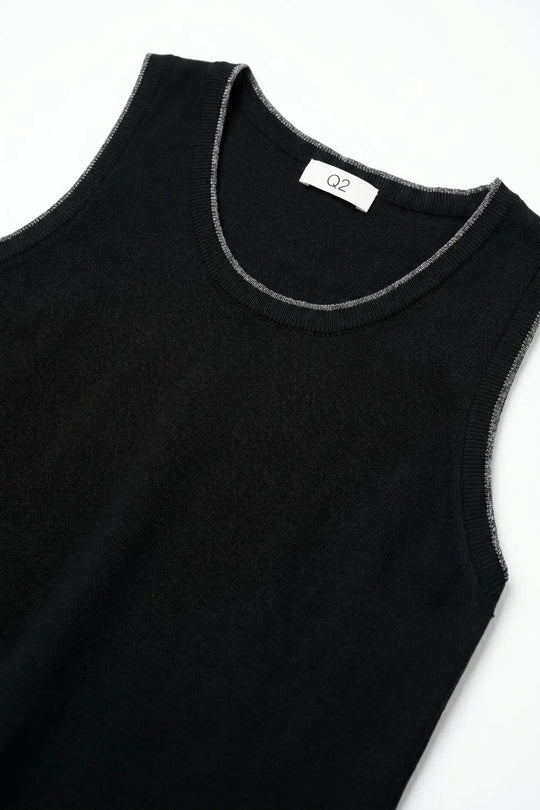 Black Ribbed Knit Contrast Seam Regular Fit Tank Top - BLACK / ONE - Tops