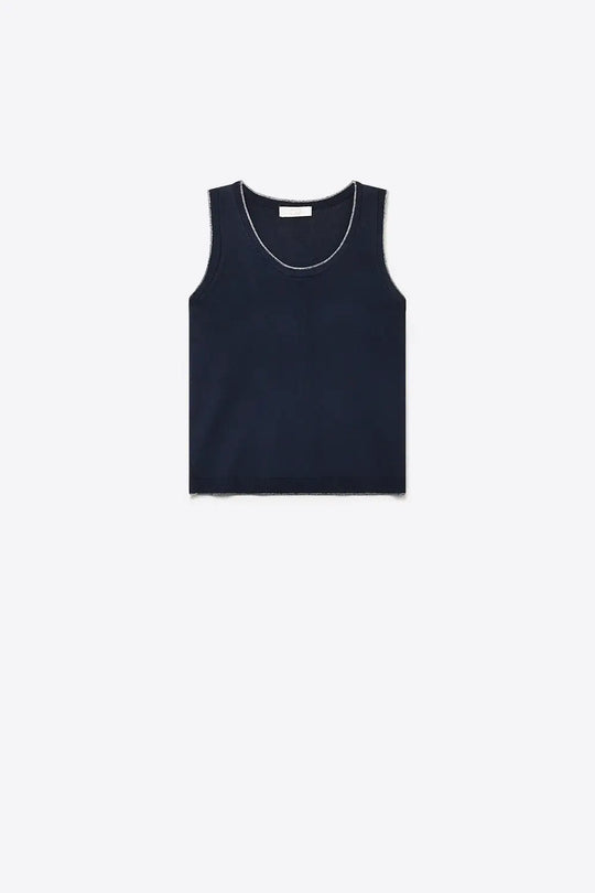 Navy Fine Knit Metallic Trim Regular Fit Tank Top - NAVY / ONE - Tops