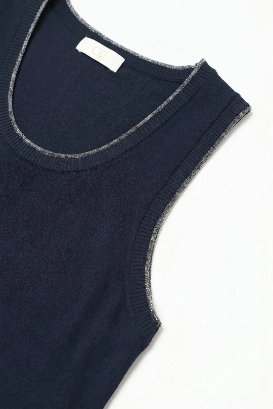 Navy Fine Knit Metallic Trim Regular Fit Tank Top - NAVY / ONE - Tops