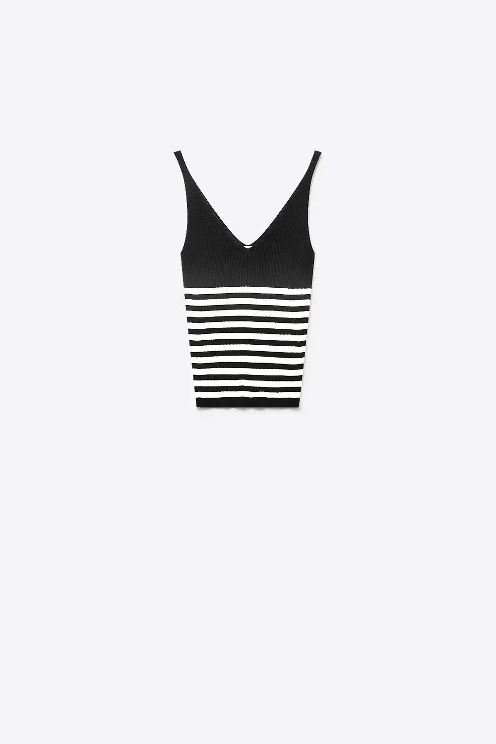Black Stripe Ribbed Knit V-Neck Fitted Cropped Tank Top - BLACK / ONE - Tops