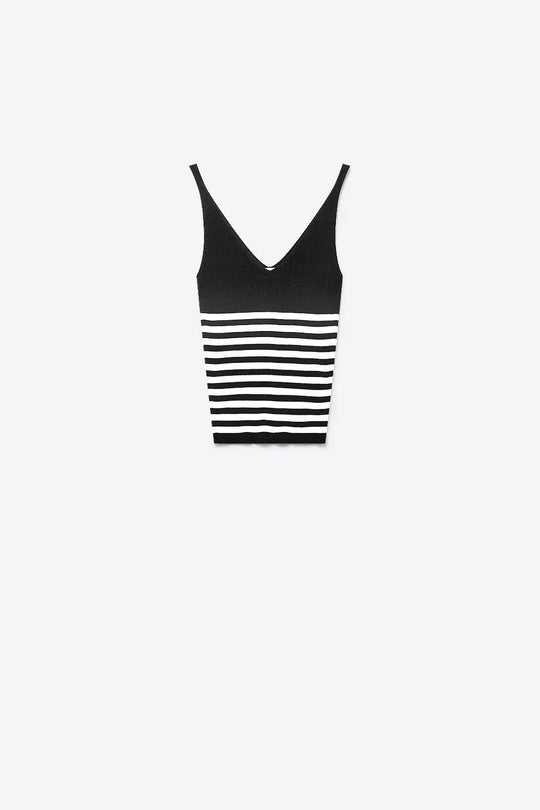 Black Stripe Ribbed Knit V-Neck Fitted Cropped Tank Top - BLACK / ONE - Tops