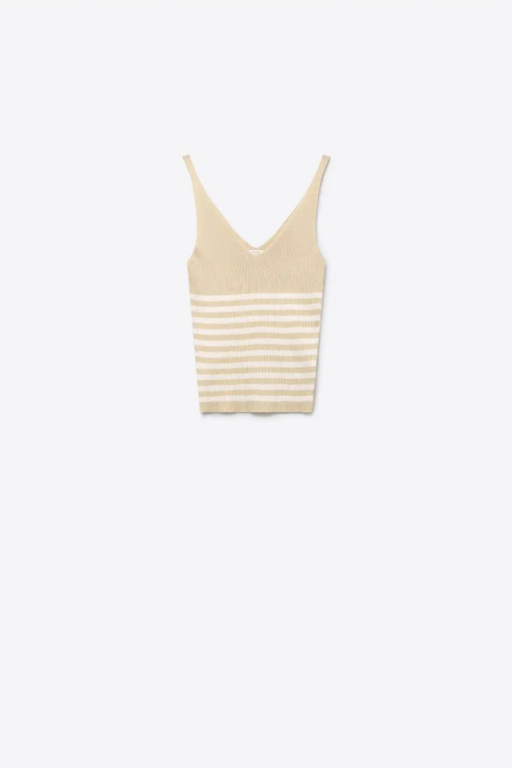 Beige Stripe Ribbed Knit V-Neck Fitted Tank Top - BEIGE / ONE - Tops
