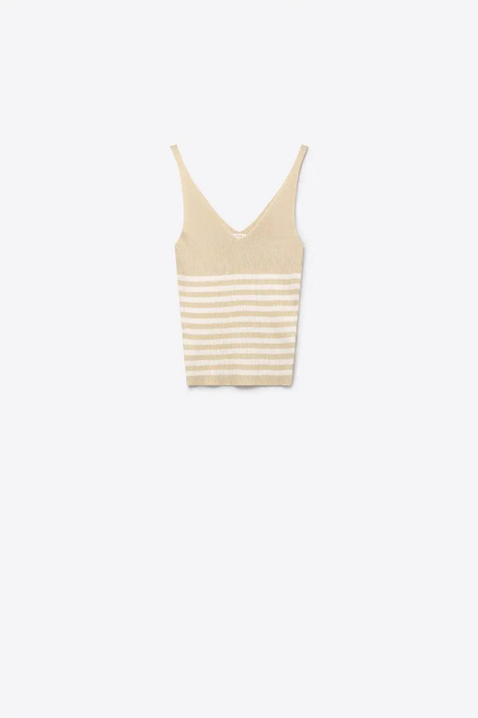 Beige Stripe Ribbed Knit V-Neck Fitted Tank Top - BEIGE / ONE - Tops