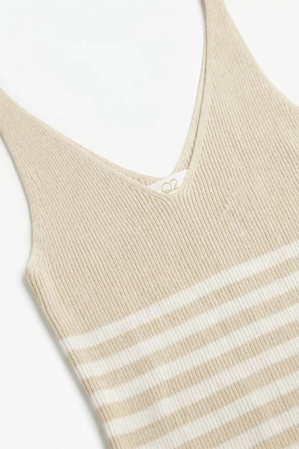 Beige Stripe Ribbed Knit V-Neck Fitted Tank Top - BEIGE / ONE - Tops