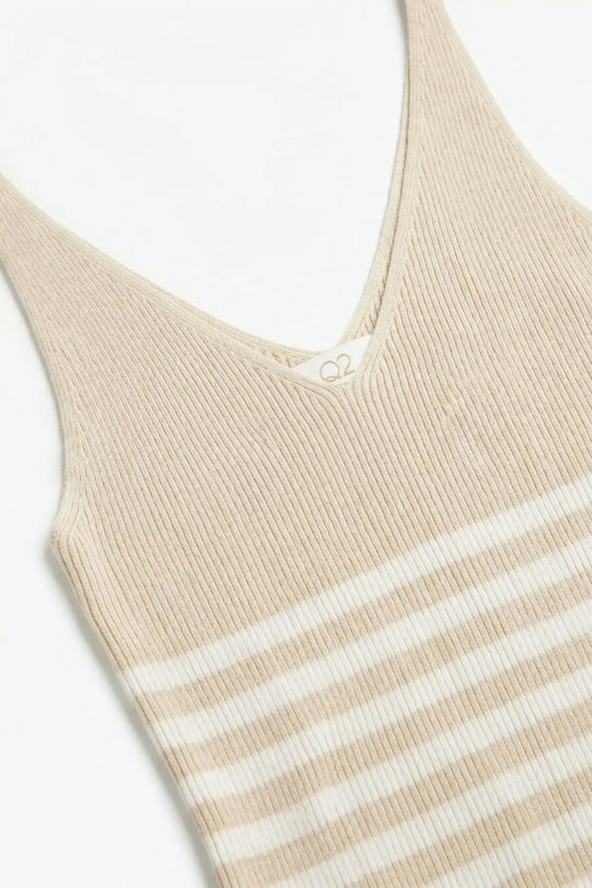 Beige Stripe Ribbed Knit V-Neck Fitted Tank Top - BEIGE / ONE - Tops
