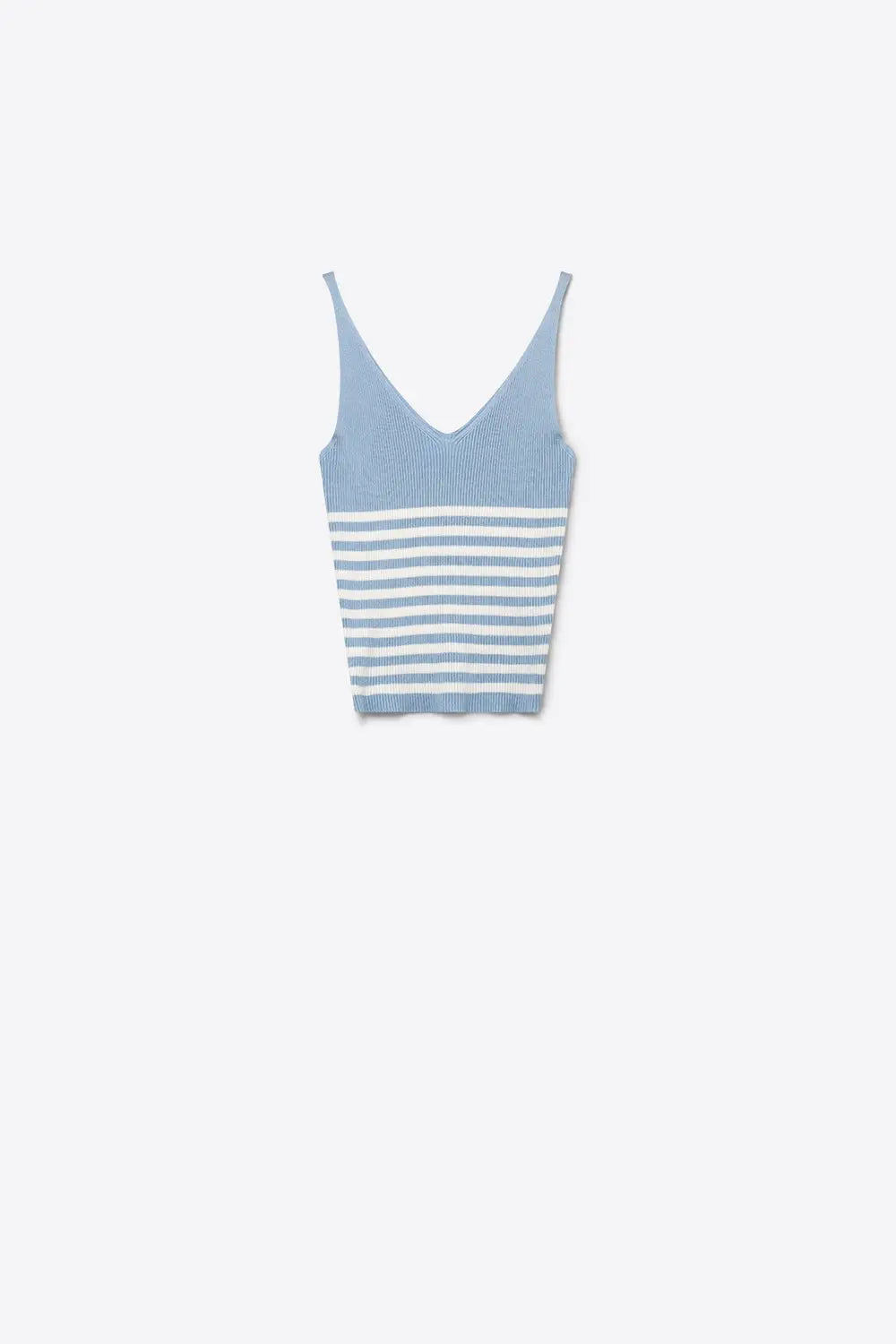 Light Blue White Stripe Ribbed Knit V-Neck Cropped Tank Top - BLUE / ONE - Tops