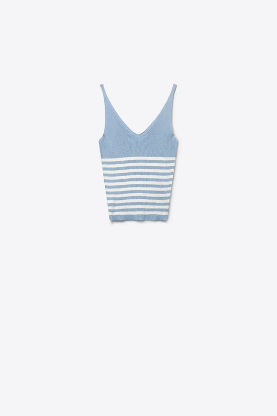 Light Blue White Stripe Ribbed Knit V-Neck Cropped Tank Top - BLUE / ONE - Tops