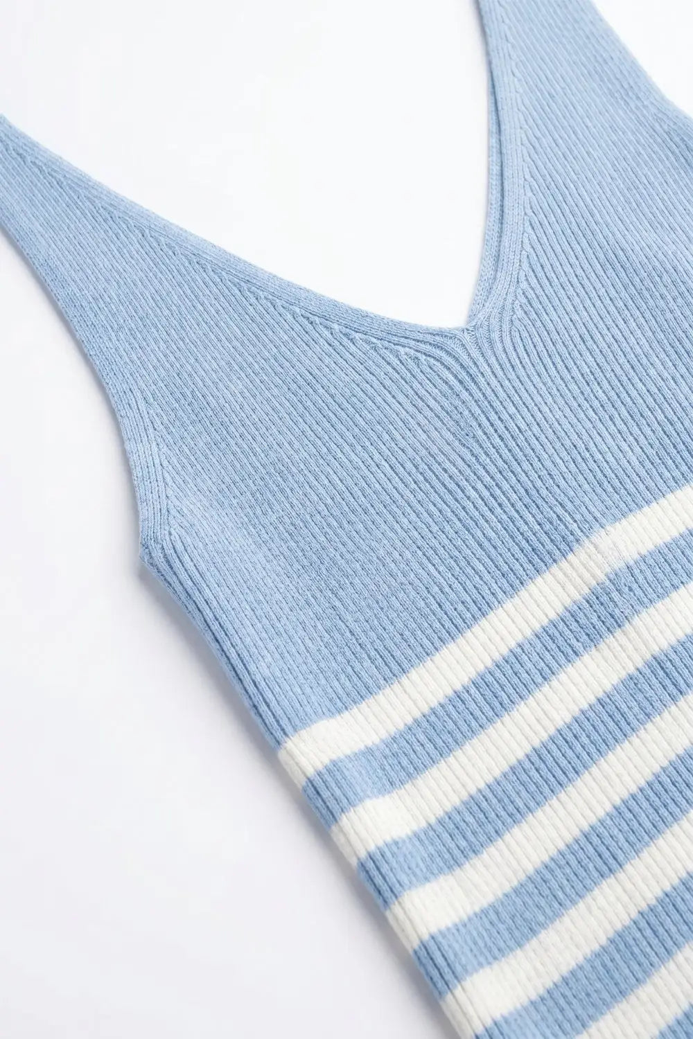 Light Blue White Stripe Ribbed Knit V-Neck Cropped Tank Top - BLUE / ONE - Tops