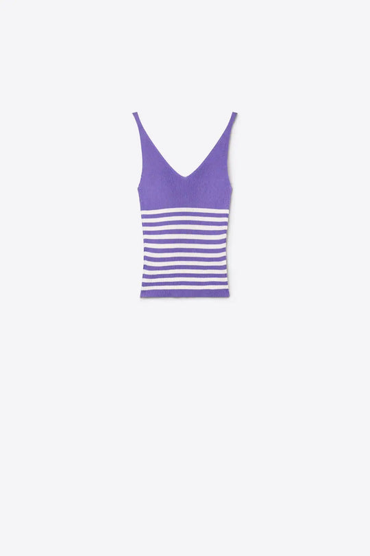 Lilac Stripe Ribbed Knit V-Neck Cropped Tank Top - PURPLE / ONE - Tops