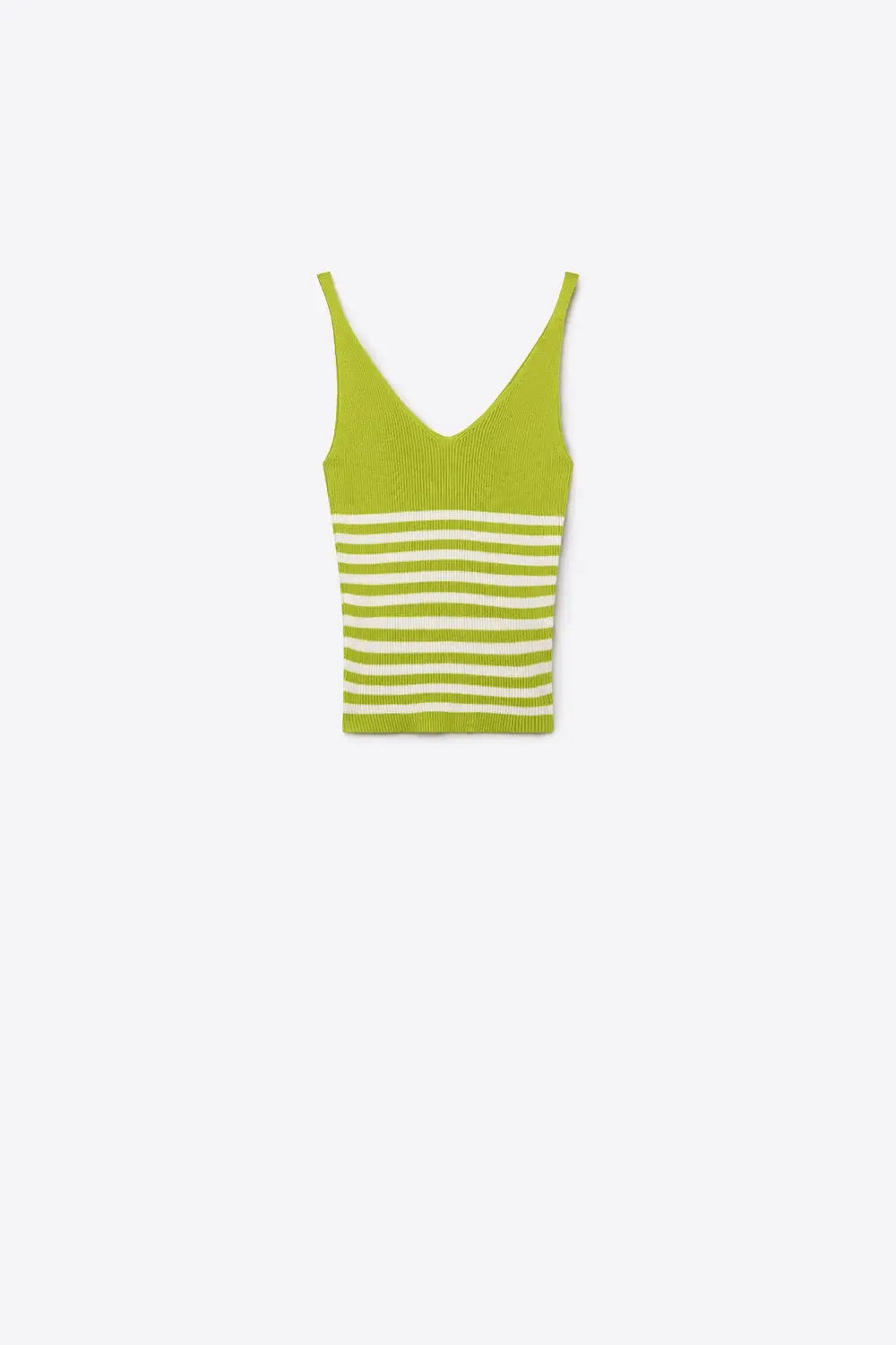 Green White Stripe Ribbed Knit V-Neck Fitted Tank Top - GREEN / ONE - Tops