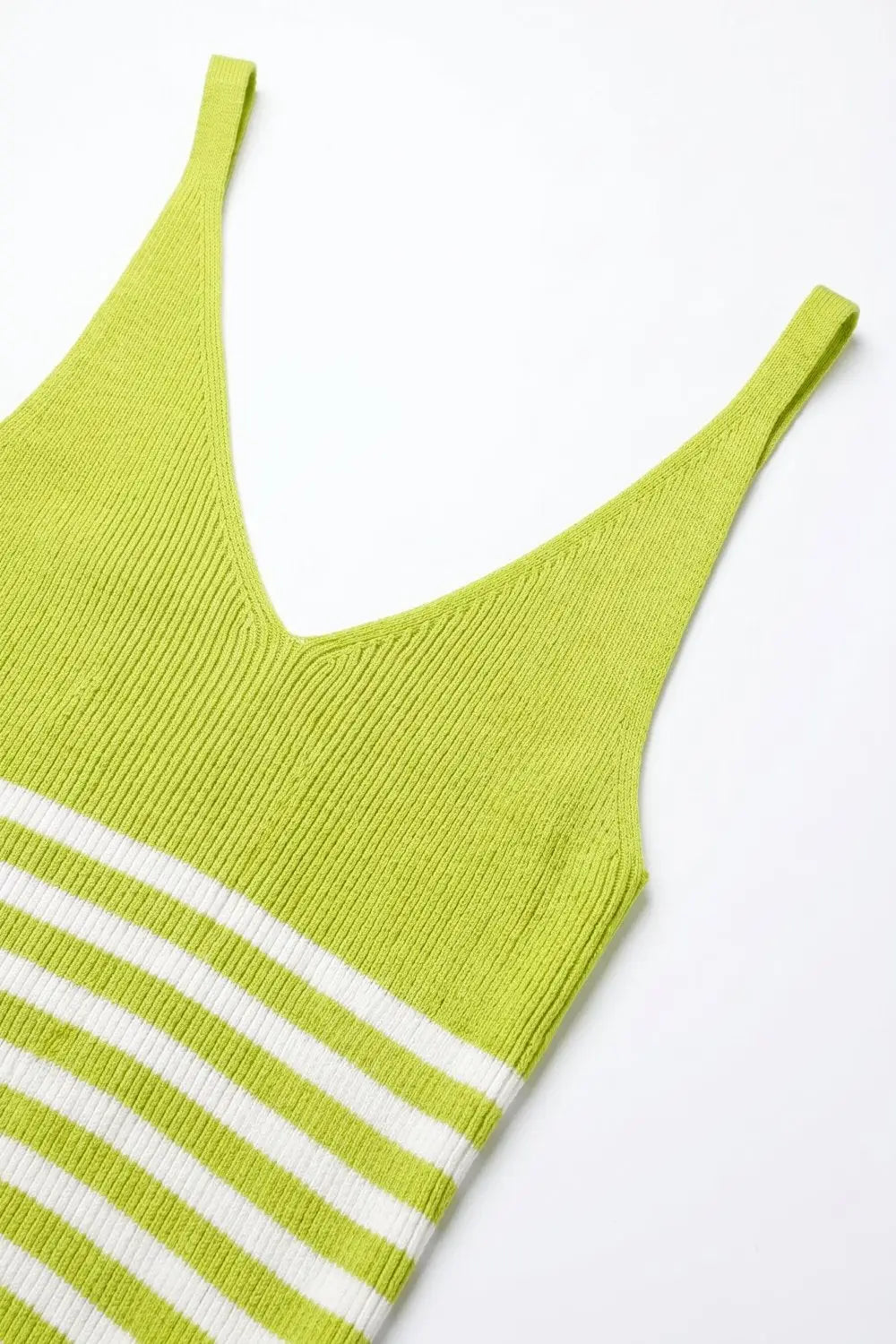 Green White Stripe Ribbed Knit V-Neck Fitted Tank Top - GREEN / ONE - Tops