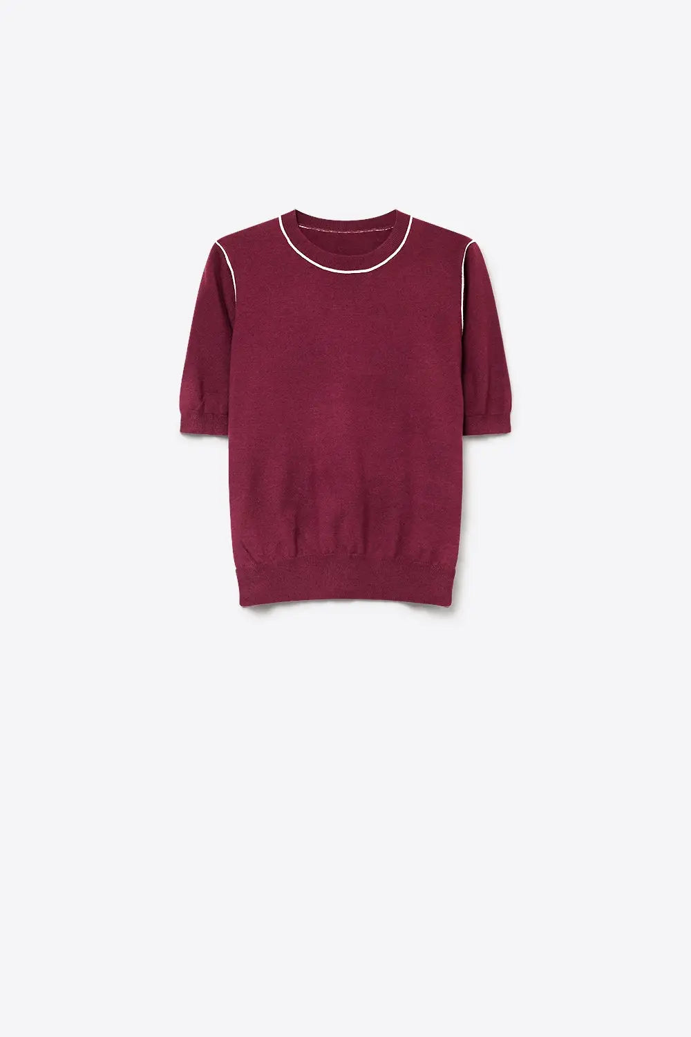 Burgundy Fine Knit Contrast Stitch Short Sleeve Crew Neck sweater - PURPLE / ONE - Sweaters