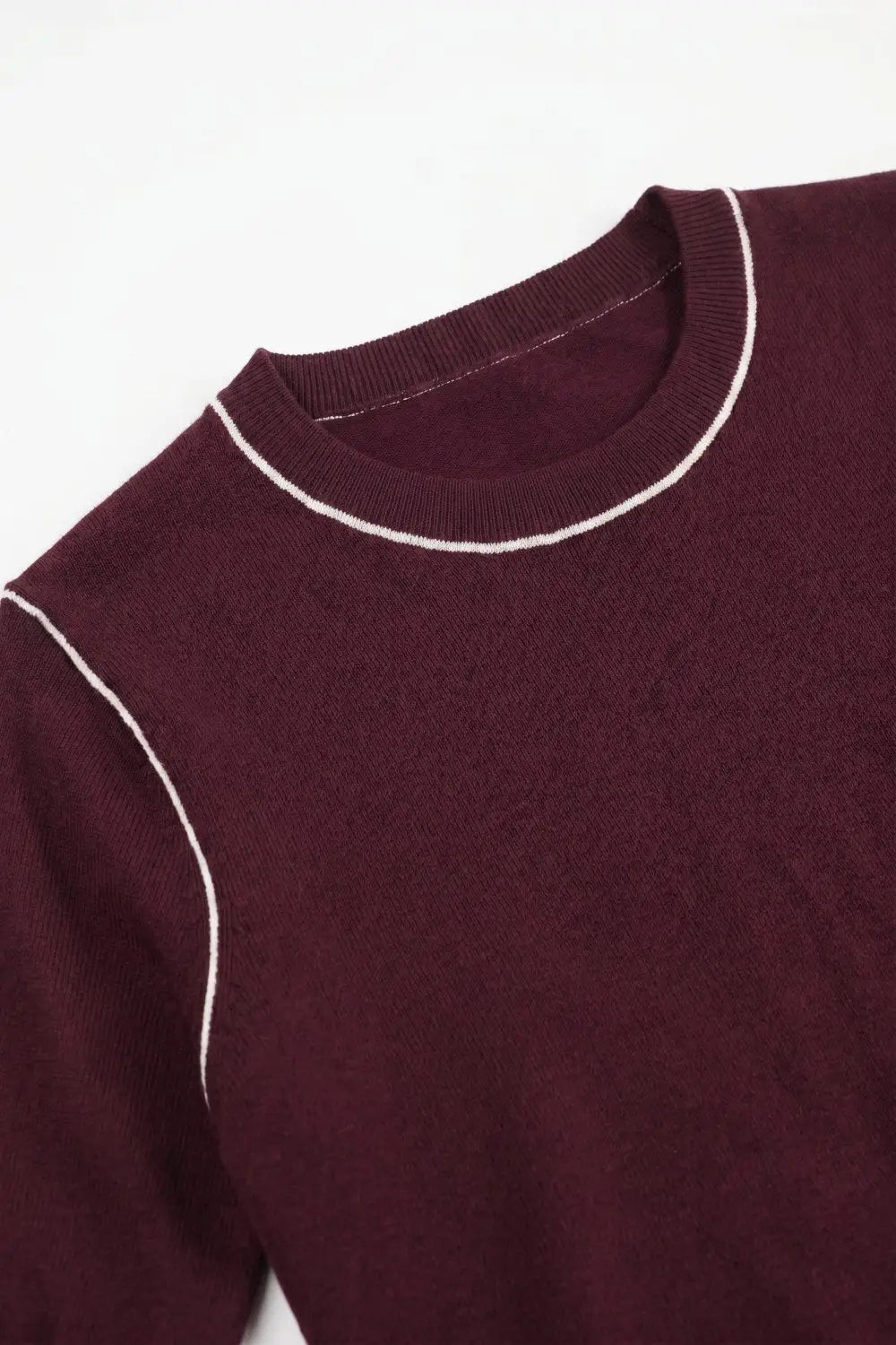 Burgundy Fine Knit Contrast Stitch Short Sleeve Crew Neck sweater - PURPLE / ONE - Sweaters