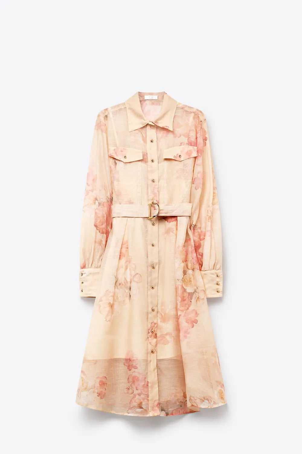 Beige Floral Print Chiffon Belted Midi Shirt Dress with Gold Buttons - Dresses