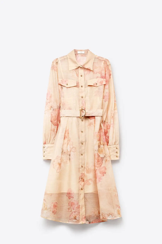 Beige Floral Print Chiffon Belted Midi Shirt Dress with Gold Buttons - Dresses