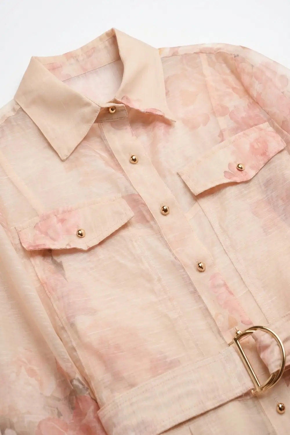 Beige Floral Print Chiffon Belted Midi Shirt Dress with Gold Buttons - Dresses