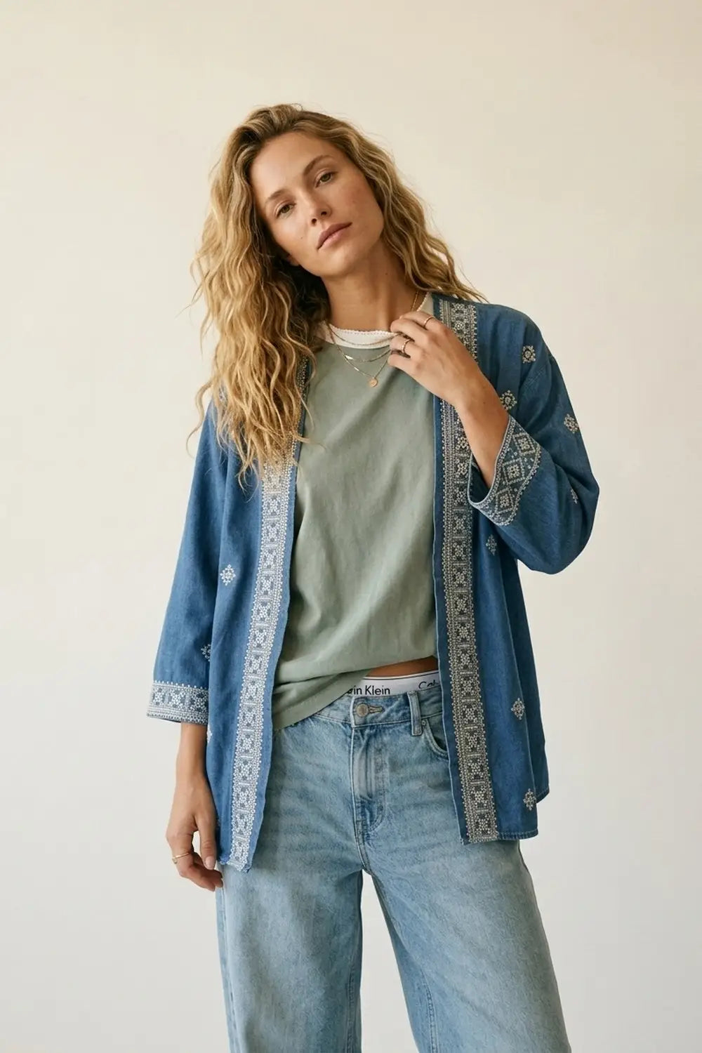 Blue Embroidered Open-Front Kimono with White Trim - Jackets