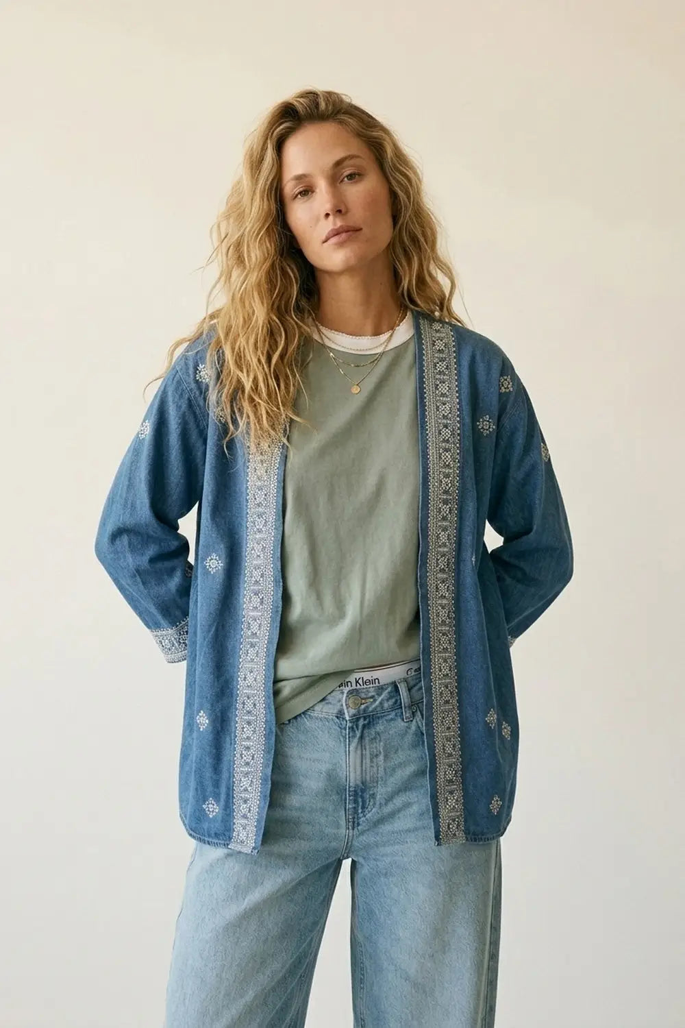 Blue Embroidered Open-Front Kimono with White Trim - Jackets