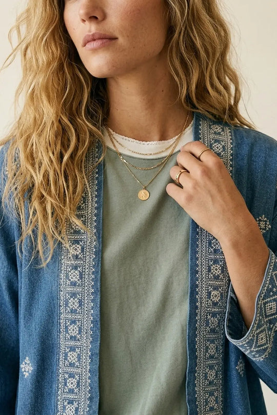 Blue Embroidered Open-Front Kimono with White Trim - Jackets