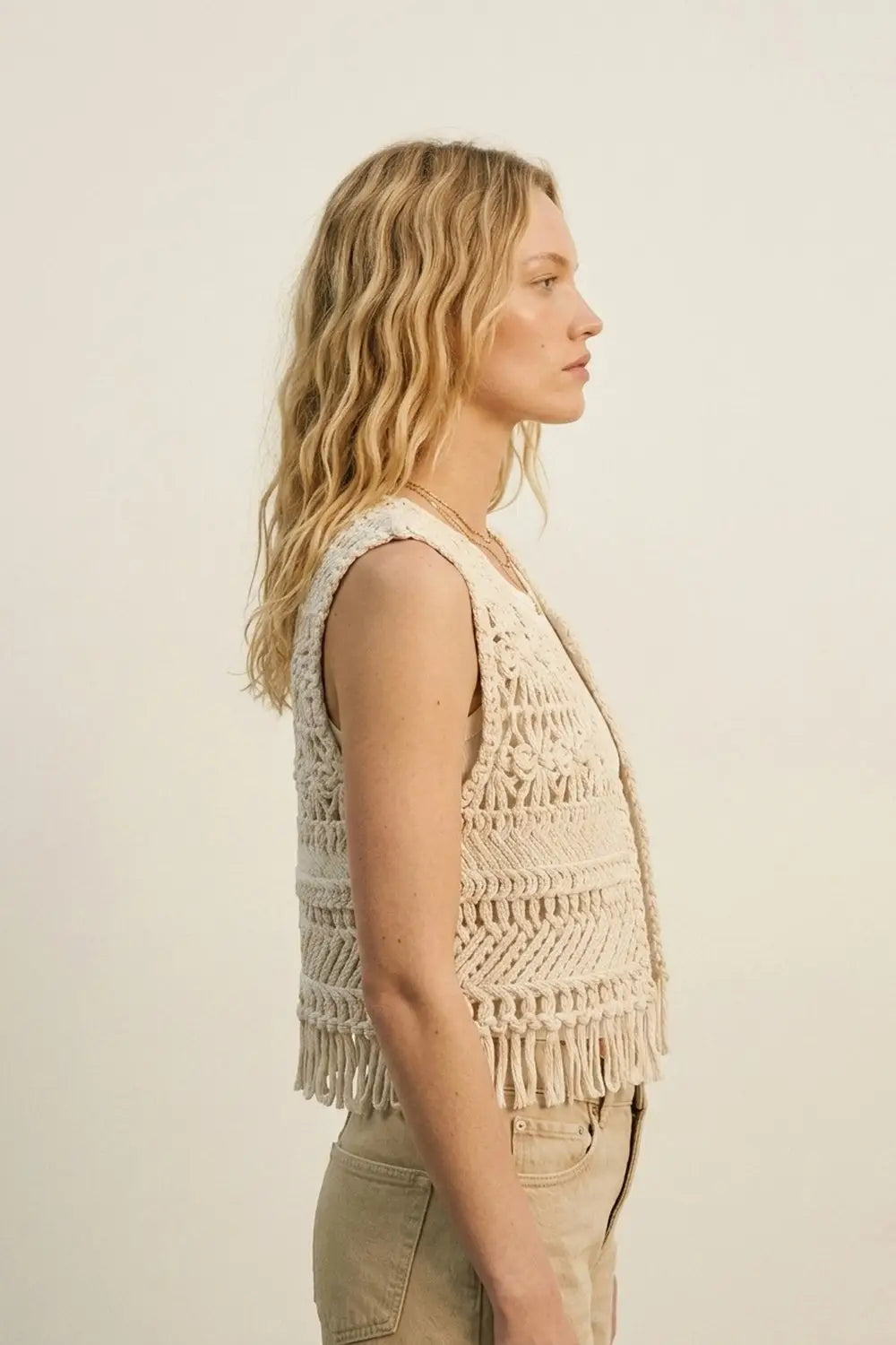 Cropped Fringe Open-Knit Vest - BEIGE / ONE - Tops