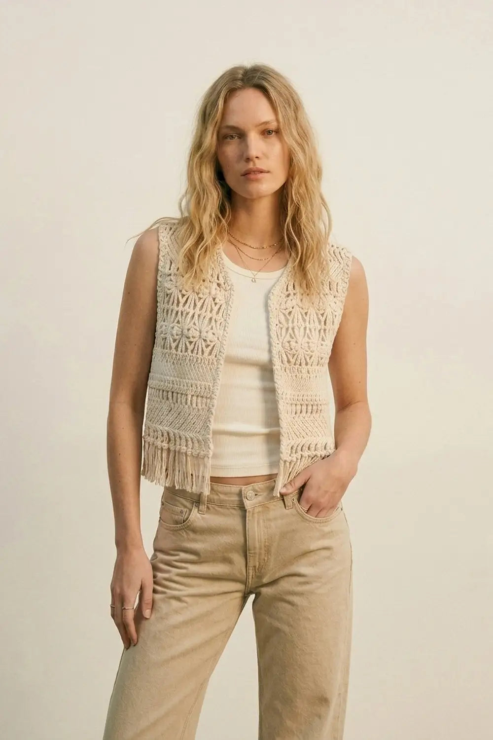 Cropped Fringe Open-Knit Vest - BEIGE / ONE - Tops
