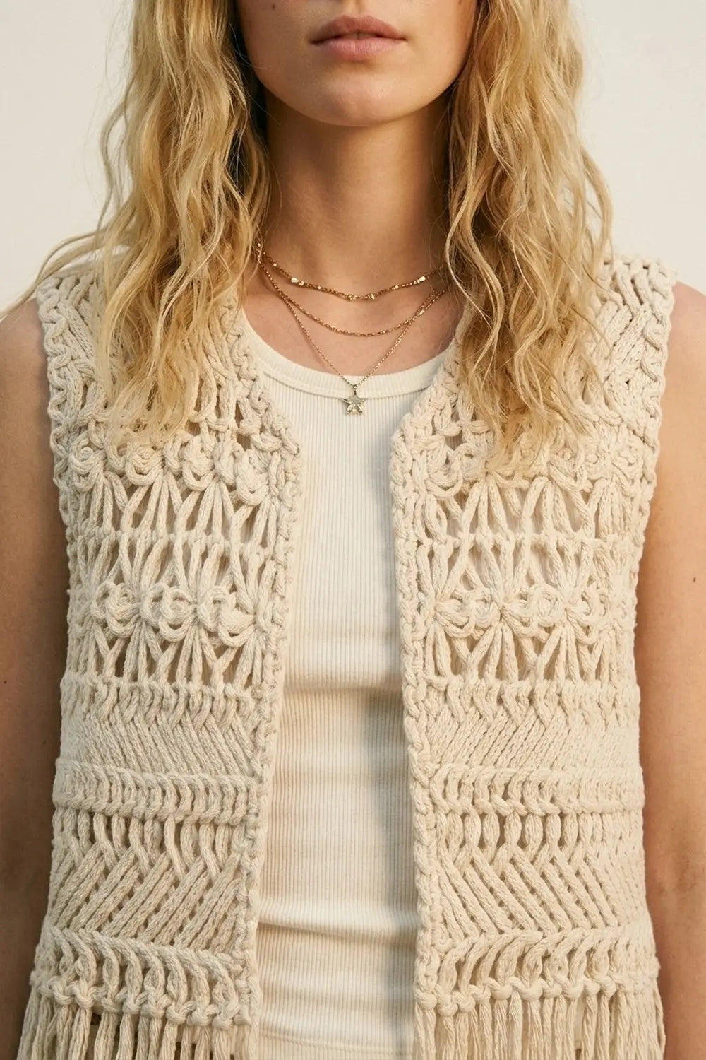 Cropped Fringe Open-Knit Vest - BEIGE / ONE - Tops