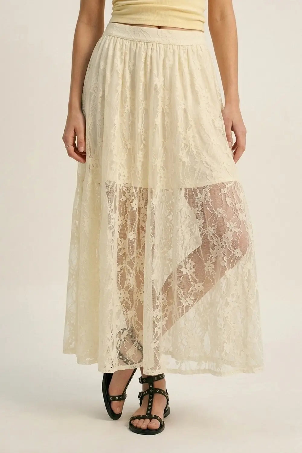 Cream Floral Lace fabric Maxi Skirt with Elastic Waist - Skirts