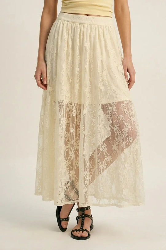 Cream Floral Lace fabric Maxi Skirt with Elastic Waist - Skirts