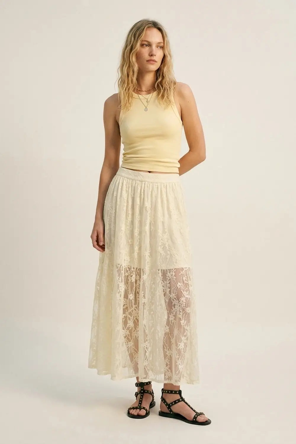 Cream Floral Lace fabric Maxi Skirt with Elastic Waist - Skirts