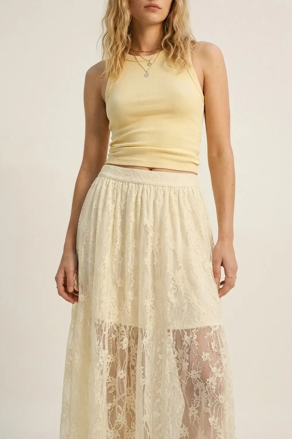 Cream Floral Lace fabric Maxi Skirt with Elastic Waist - Skirts