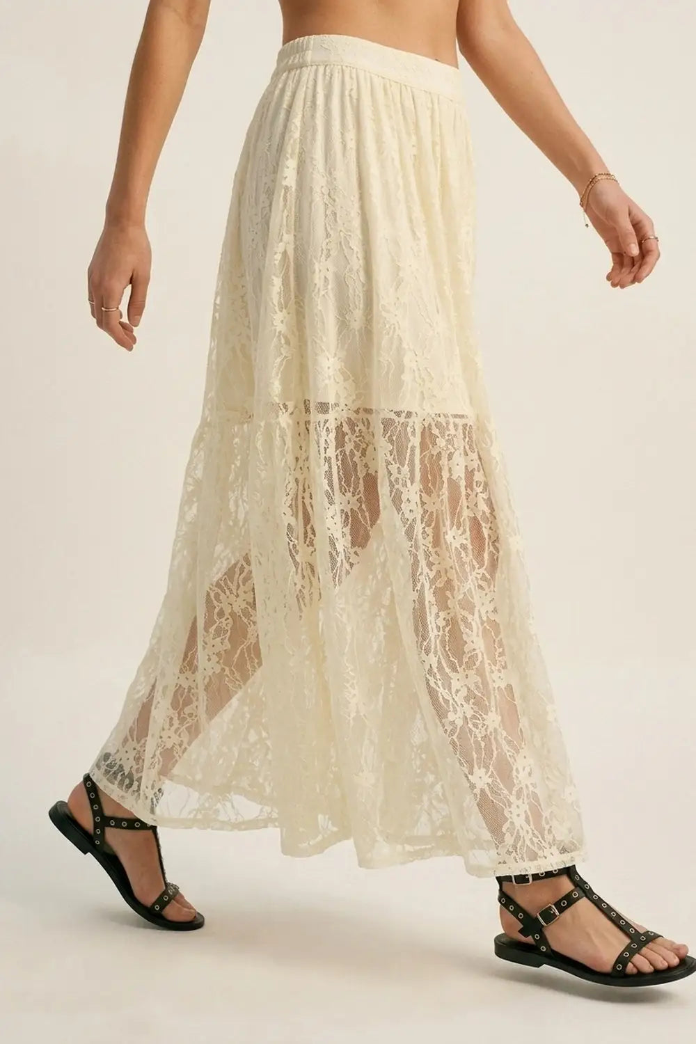 Cream Floral Lace fabric Maxi Skirt with Elastic Waist - Skirts