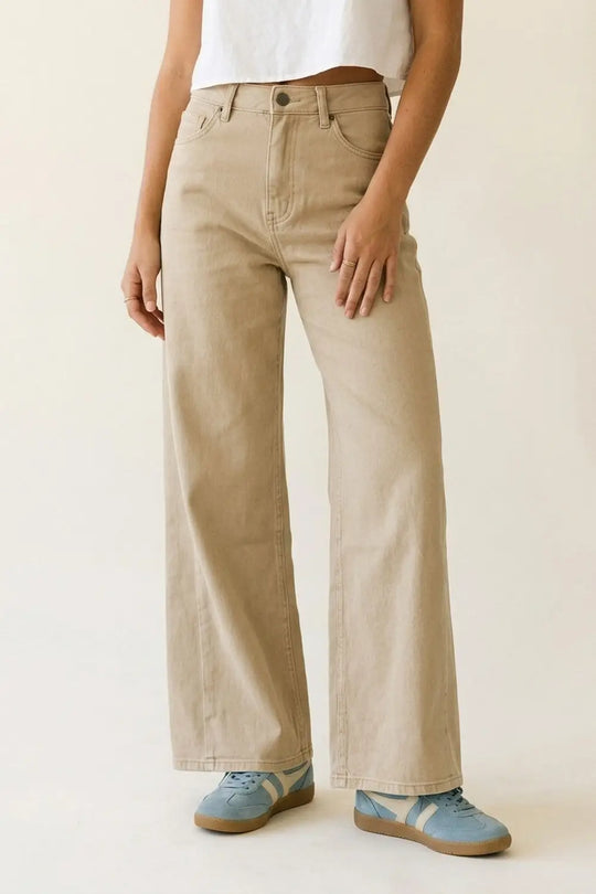 Beige Wide-Leg Casual Cotton Pants with 5 pockets - Pants