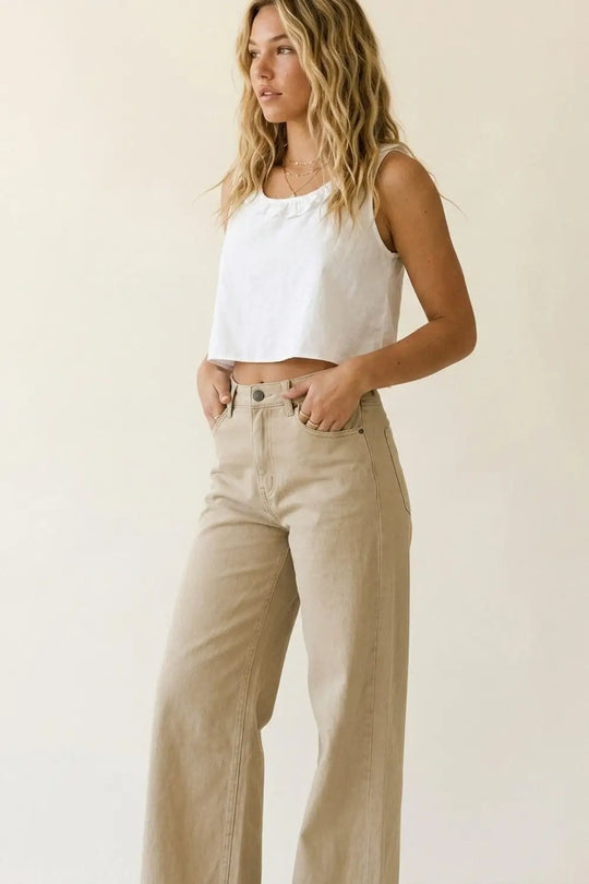 Beige Wide-Leg Casual Cotton Pants with 5 pockets - Pants